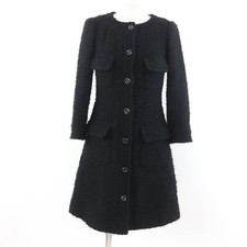 Excellent CHANEL coat Tweed with COCO Mark buttons black wool Women 34 P4662...