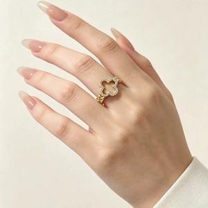 Authentic Gold Plated Open Hollow Clover Ring Pave Crystal Chain Band Stackable