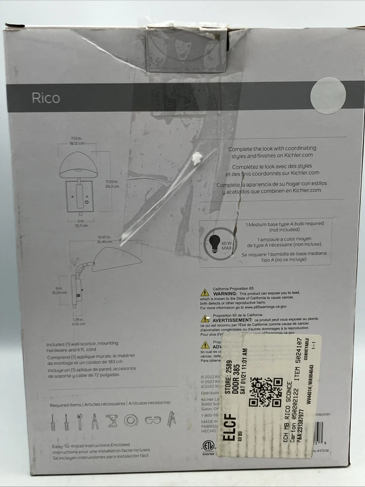 Aplique de pared enchufable Kichler Rico, brazo oscilante, luz negra mate y de latón - estilo MCM Foto 4 de 4