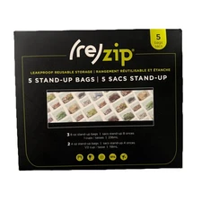 (re)zip - Reusable Leak-Proof Food Storage - 5 Stand Up Bags - Brand New