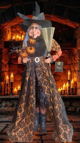 LARGE Halloween Witch Door Greeter Black Gold Orange Lace Dress Broom Pumpkin - Picture 10 of 11