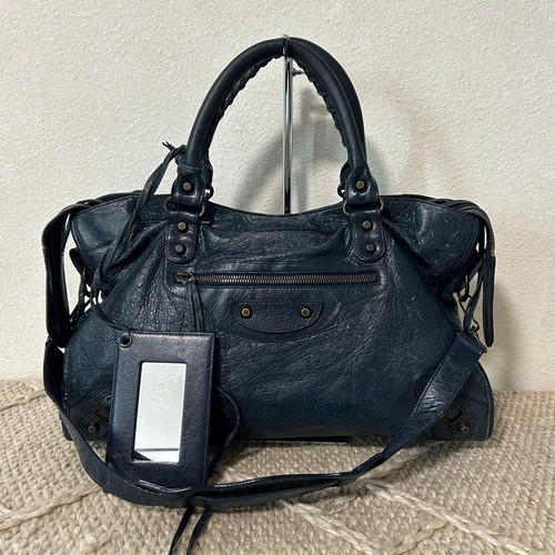 BALENCIAGA The City 115748 Navy Leather 2Way Shoulder Handbag Motorcycle Bag Y2K