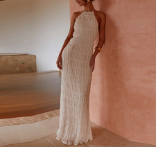 Women Halterneck Pleated Backless Maxi Dress Gown