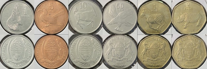 Botswana 6 coin set 1, 5, 10 & 50 Thebe plus 1 & 2 Pula 1991 & 1994