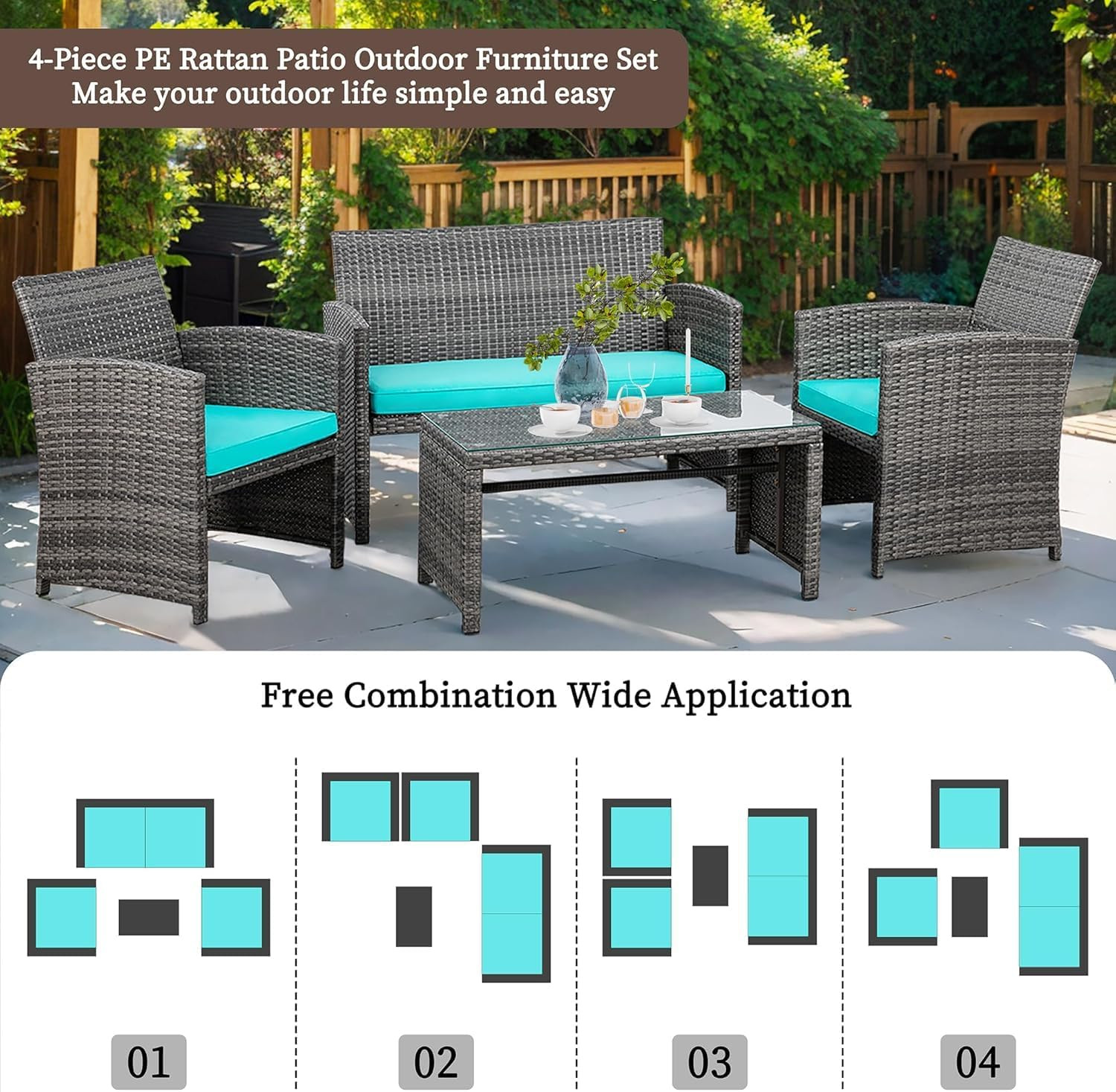 4 Piece Patio Ratten Set Outdoor Furniture Set Wicker Conversation Set with Cush thumbnail 2