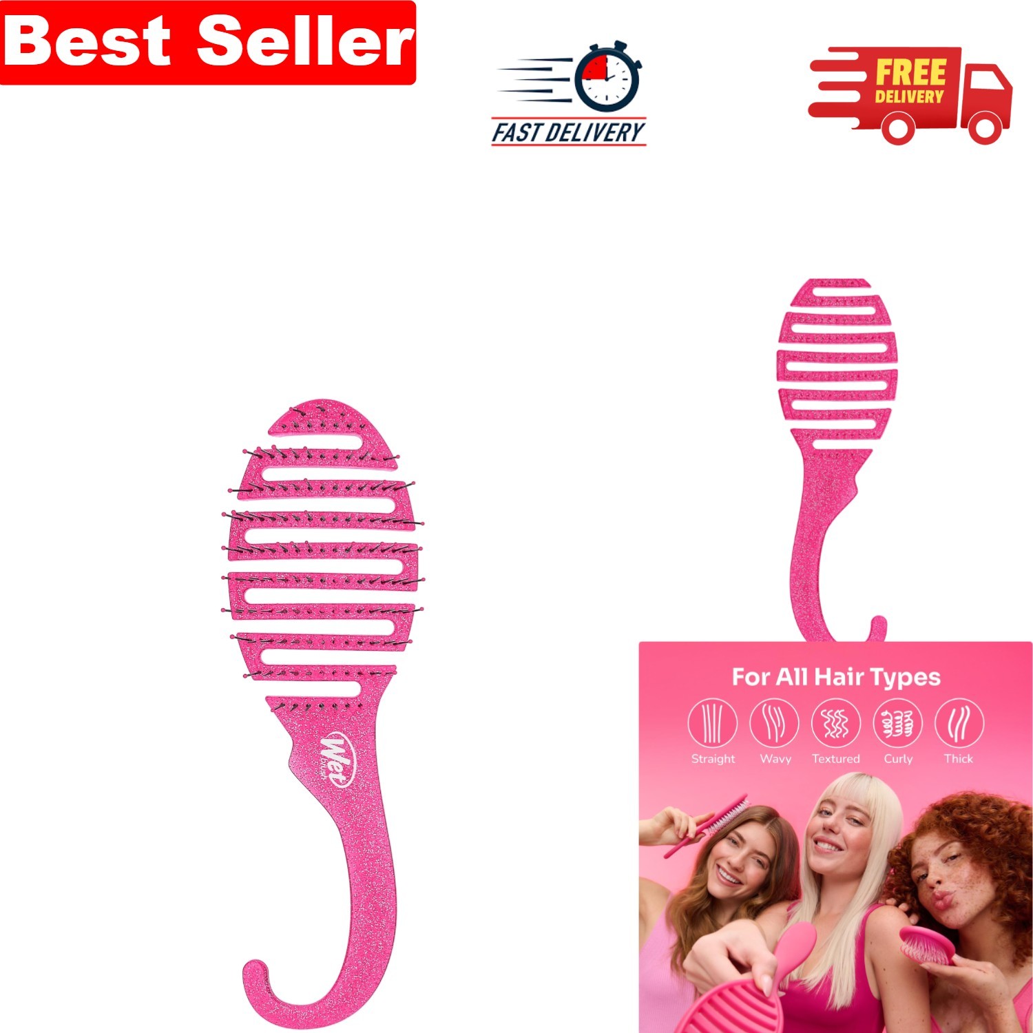 Pink Glitter Shower Detangler Brush with Intelliflex Bristles for All Hair Types
