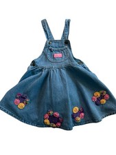 Vintage Oshkosh Denim Dress Hand Sewn Applique Flowers Vestbak Girls USA Size 5