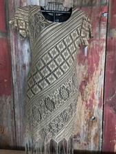 80's Helene Blake Crochet Dress women's sz 12 metalic tan fringes Holiday Party.