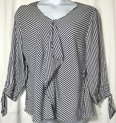 Chico's pullover Tie Sleeve Rayon Tunic Top Gray/white Stripe Sz 4 EUC