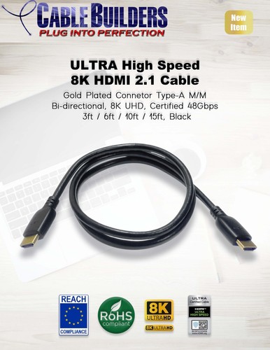 ULTRA 2.1 HDMI CABLE 8K CERTIFIED 8K@60 4K@120 48GBps UHD 3FT 6FT 10FT 15FT - Picture 3 of 10