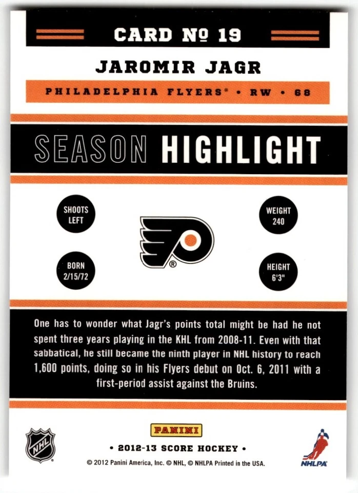 2012-13 Score Highlight Jaromir Jagr #19 Philadelphia Flyers - Image 2 of 2