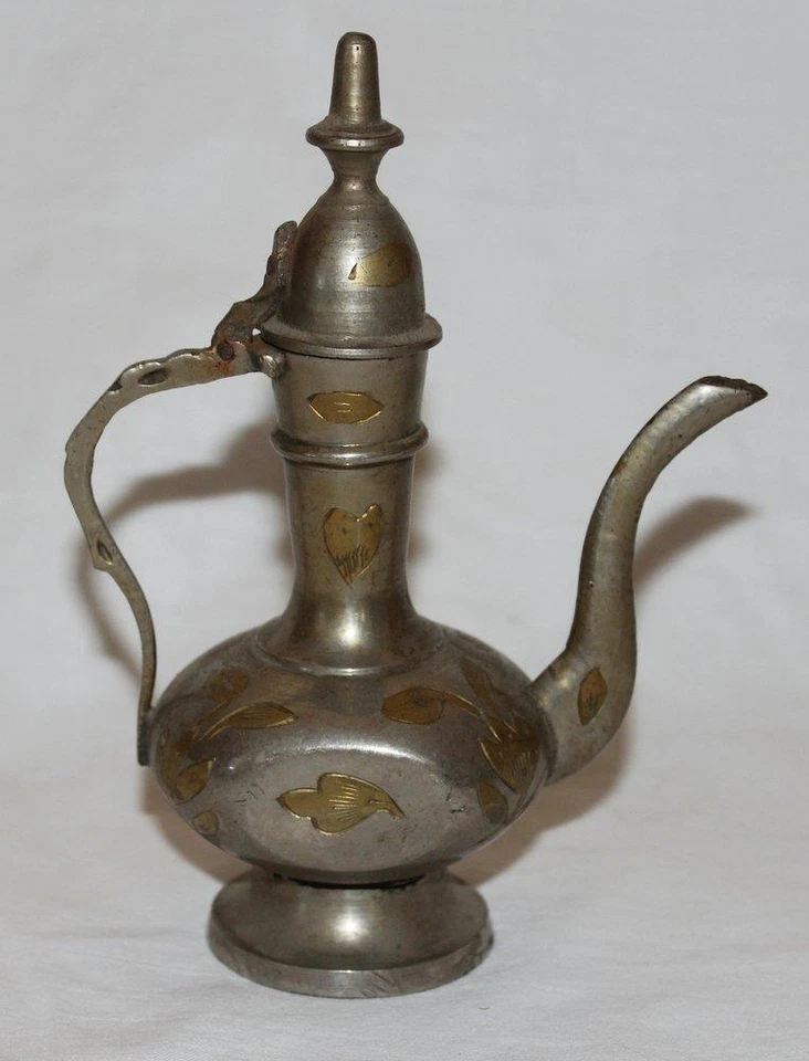 Vintage Etched Brass Ewer Teapot Genie Oil Pitcher Hinged Lid Made in India 6" - Image 2 of 4