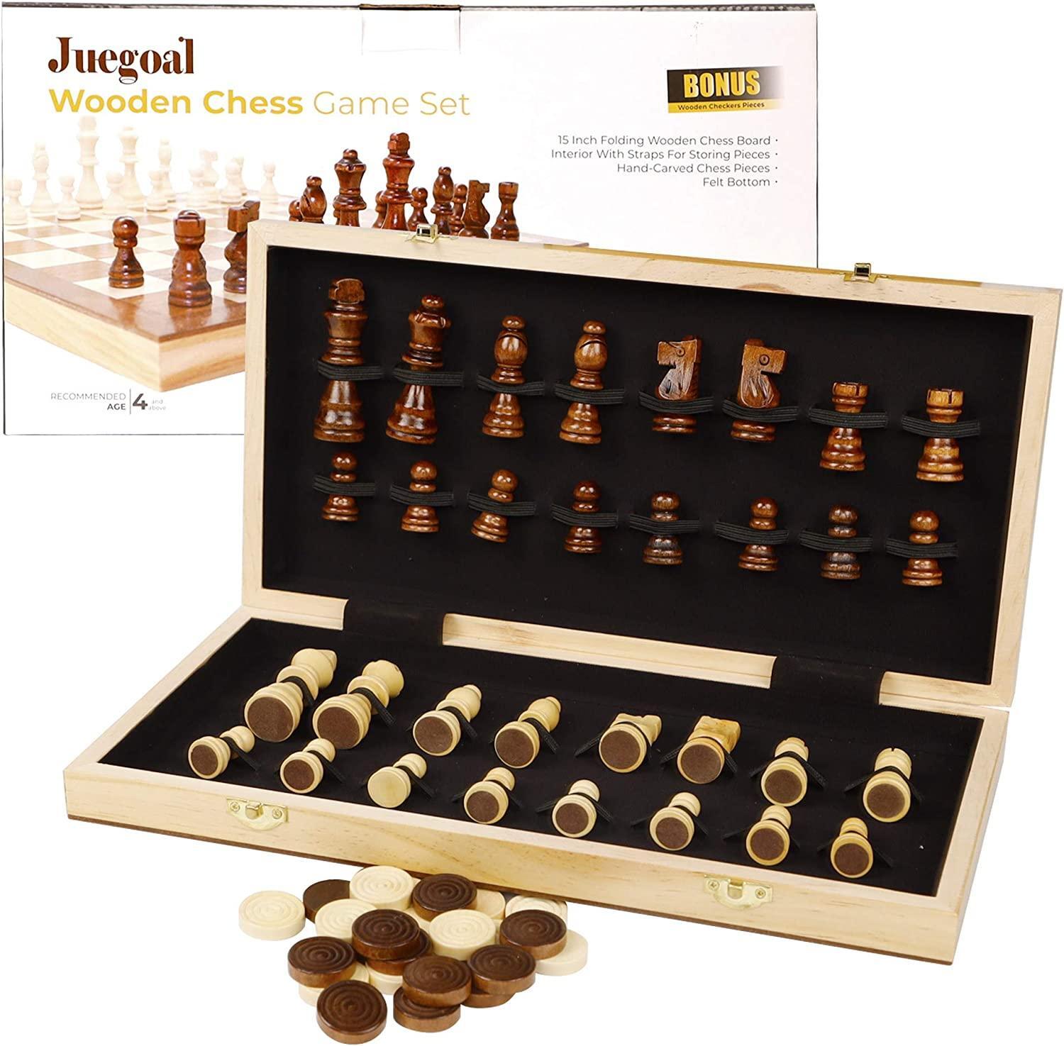  Juegoal 15 Wooden Chess & Checkers Set, 2 in 1 Board Games for  Kids and Adults, with Felted Game Board Interior for Storage, Travel  Portable Folding Chess Game Sets, Extra 24