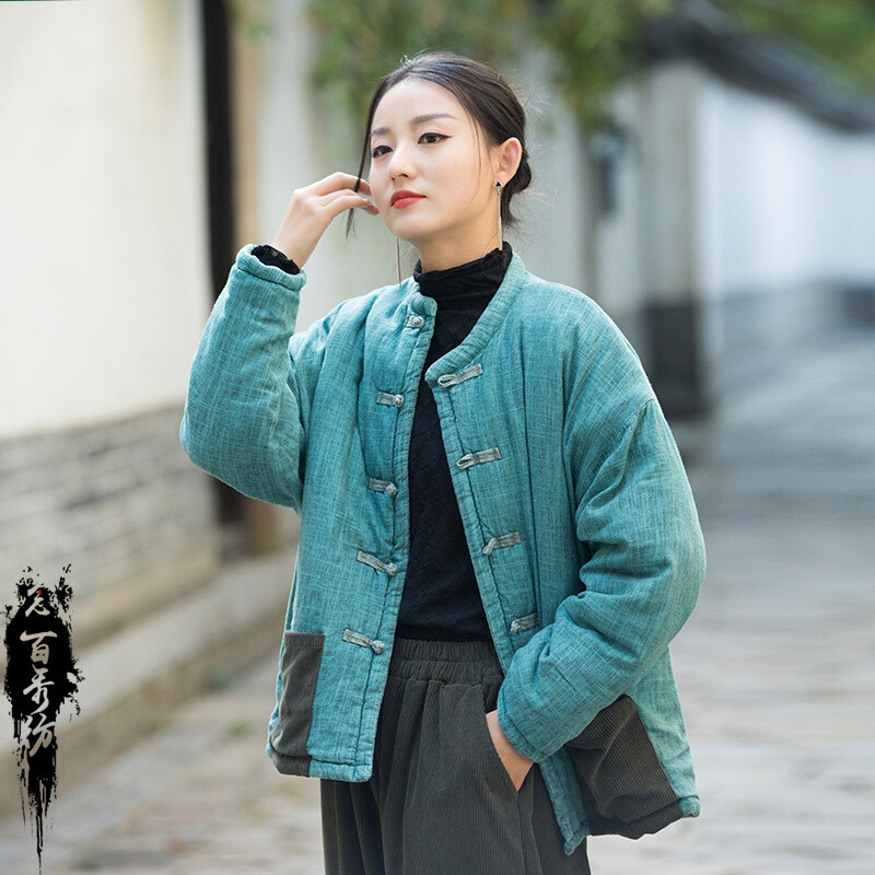 Winter Womens Cotton Linen Coats Quilted Warm Button Jackets Chinese