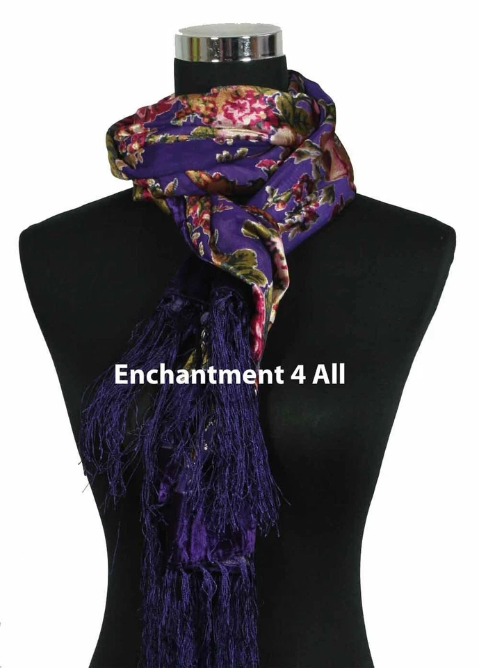 Elegante 100% Seda Terciopelo Burnout Vintage Floral Oblongo Bufanda Mantón Envoltura, Púrpura Foto 4 de 4