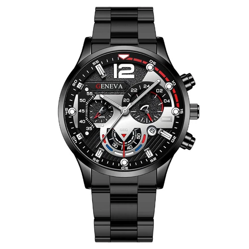 GENEVA Men's Fashion Stainless Steel Watches Date Waterproof Black