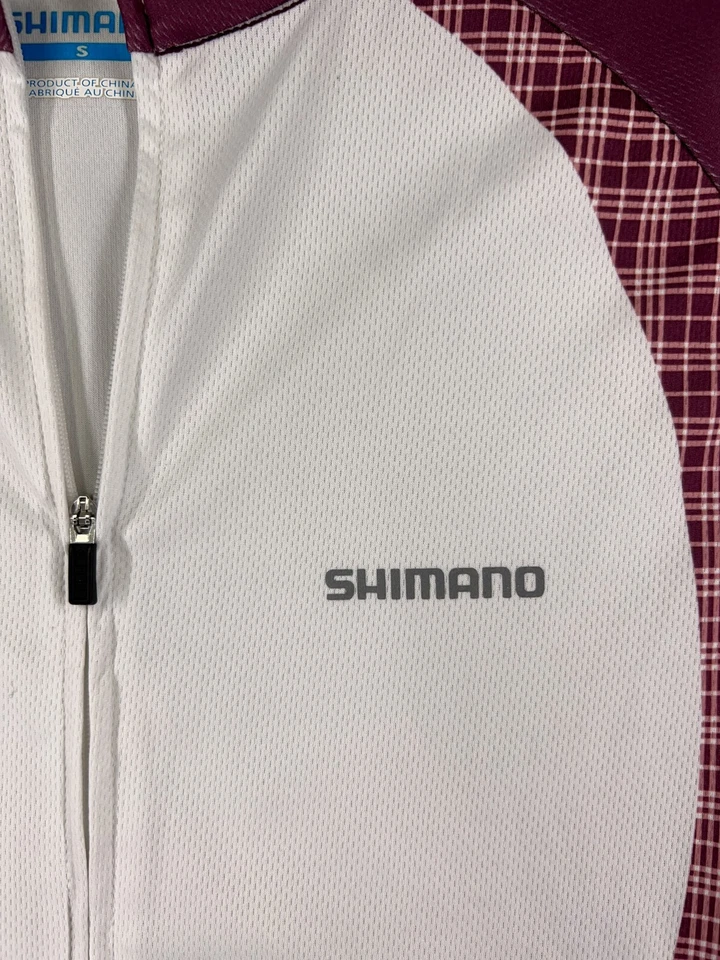 Camiseta deportiva de ciclismo Shimano para hombre pequeña blanca roja a cuadros cremallera completa mangas cortas bolsillos Foto 3 de 4