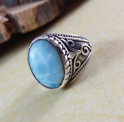 Solid 925 Sterling Silver Natural Donimican Larimar Gemstone Men's Unisex Ring