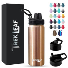 Trek Leaf Insulated Water Bottle, 3 Lids (Spout, Straw, Flip), Leakproof