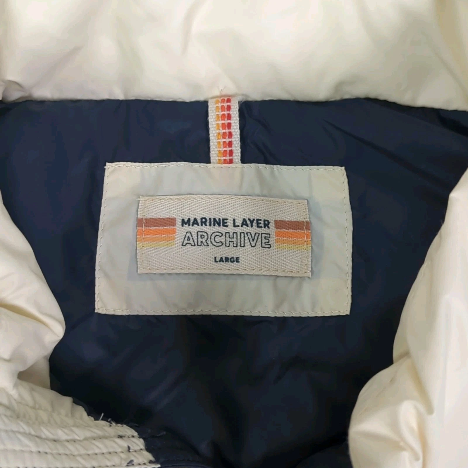 Marine Layer Archive Boreal Puffer Vest Navy Sunset Colorblock Chevron Jacket L image 4