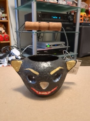2000 Papier Mache Black Cat Mini Candy Holder Wooden Handle Mint with Tag 5''