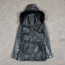 Vintage Black Genuine Leather Belted Full Zip Jacket Women  s S/M Removable Hood