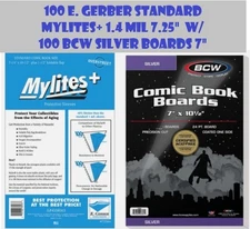 100 E Gerber Standard MyLites+ 1.4 Mil Mylar Comic Book Bags + 100 BCW Boards
