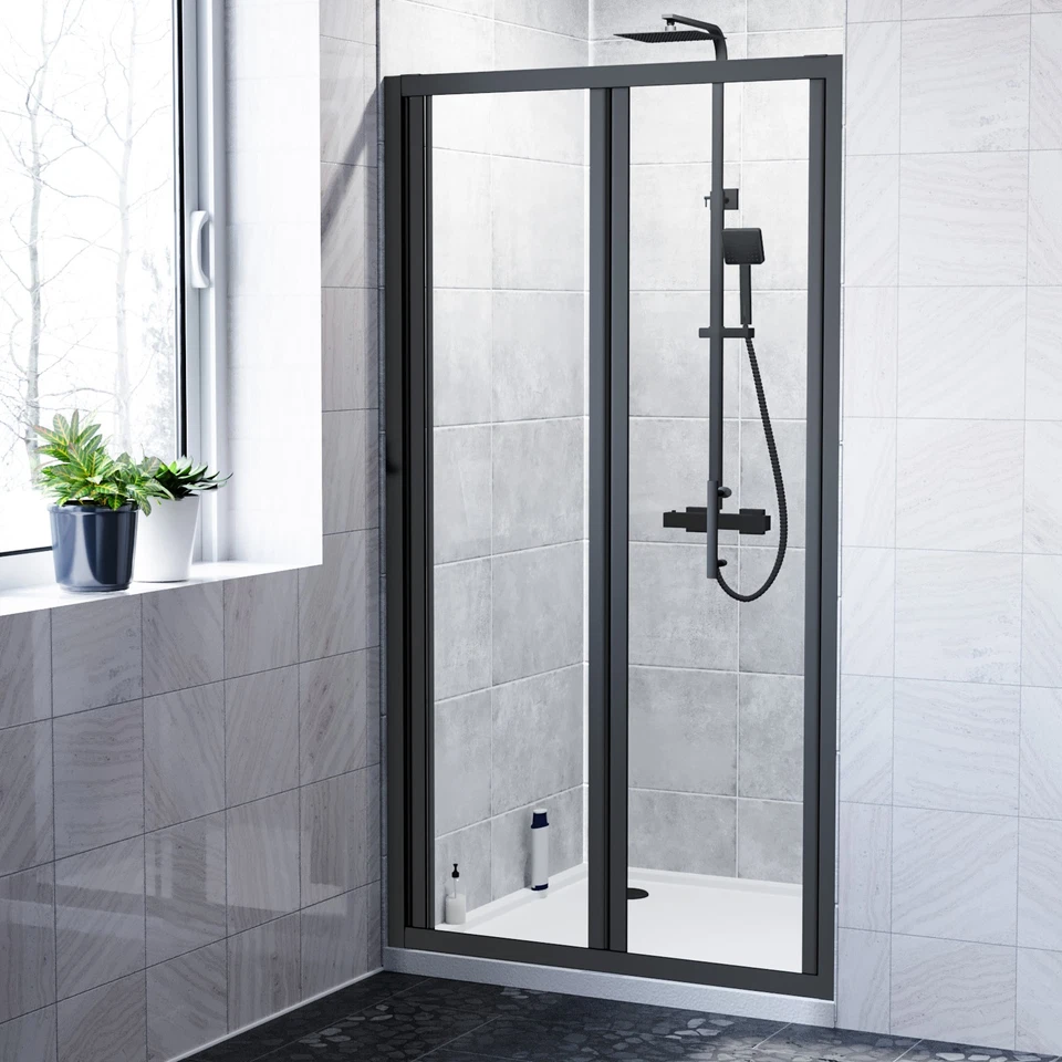 NES HOME Kim 1000 Matte Black Walk In Bi Folding Shower Tempered Glass Door Screen Panel