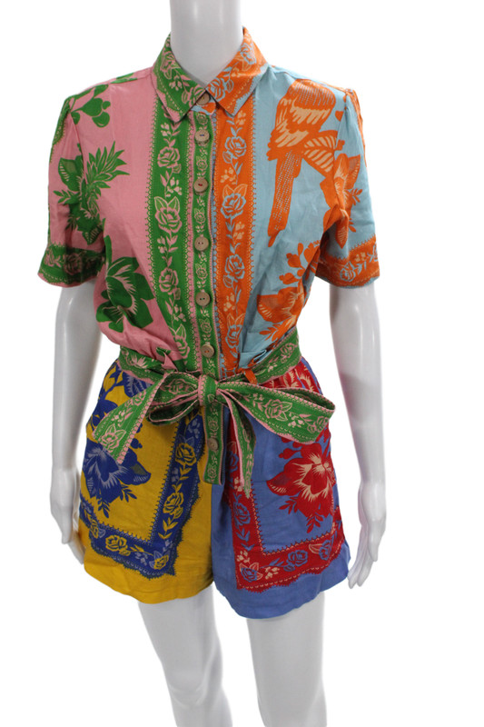 Farm Rio Womens Collared Floral Linen Short Sleeve Romper Multicolor Size XS
