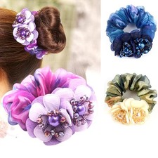 3 Pcs Premium Elastic Hair Scrunchies Flower Crystal Deco Ponytail Set