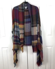 Grace & Lace Shawl Wrap Cape Poncho Burgundy Purple Gold Plaid Pockets One Size