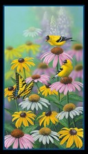 Curious Visitor  24" x 44"  Daisy, Coneflower, Butterfly, Bird Fabric Panel