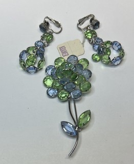 Large Kramer Brooch Pin & Earrings Green & Blue Crystals Bezel & Prong Set