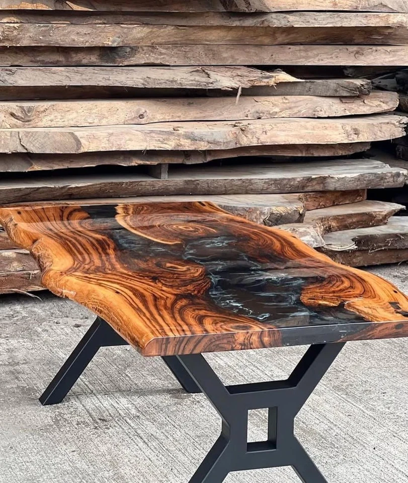 48" x 24" Custom Handmade Chestnut Wood Epoxy Table | Glossy Black & White Epoxy - Image 3 of 4