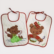 2 Vintage Baby Bibs Hand Applique Embroidered Teddy Bears Bowl Spoon Adorable