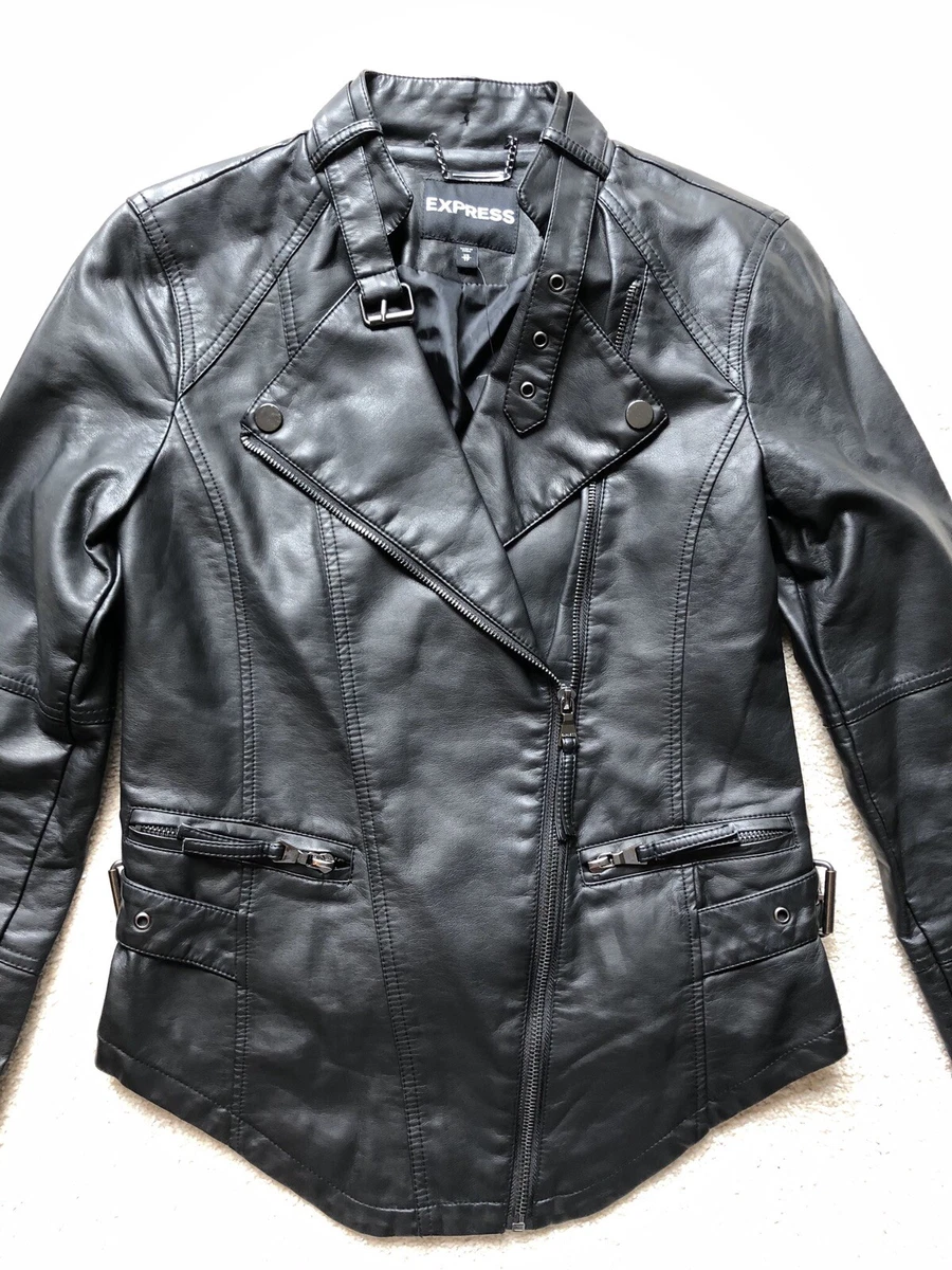 Express Women Faux Minus The Leather Moto Jacket Coat Black Asymmetrical Hem XS