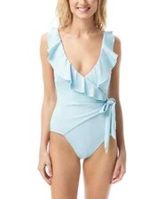 122 NWT Vince Camuto Coastal Blue Ruffle Wrap Tie One Piece Swimsuit 6 pjl1122