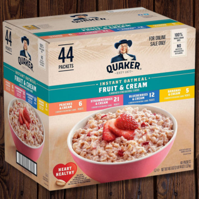 Quaker Instant Oatmeal Fruit & Cream Variety Pack, Single Serve Packets, 44 Pack