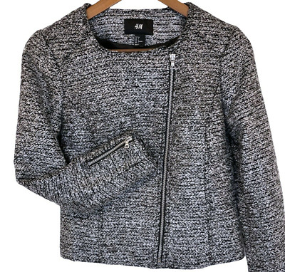 H and M Jacket Womens 6 Black White Flat Front Boucle Asymmetric