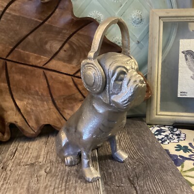 Pug Bulldog dog silver wearing headphones statue dog metal 8 1/4  Frenchie Decor