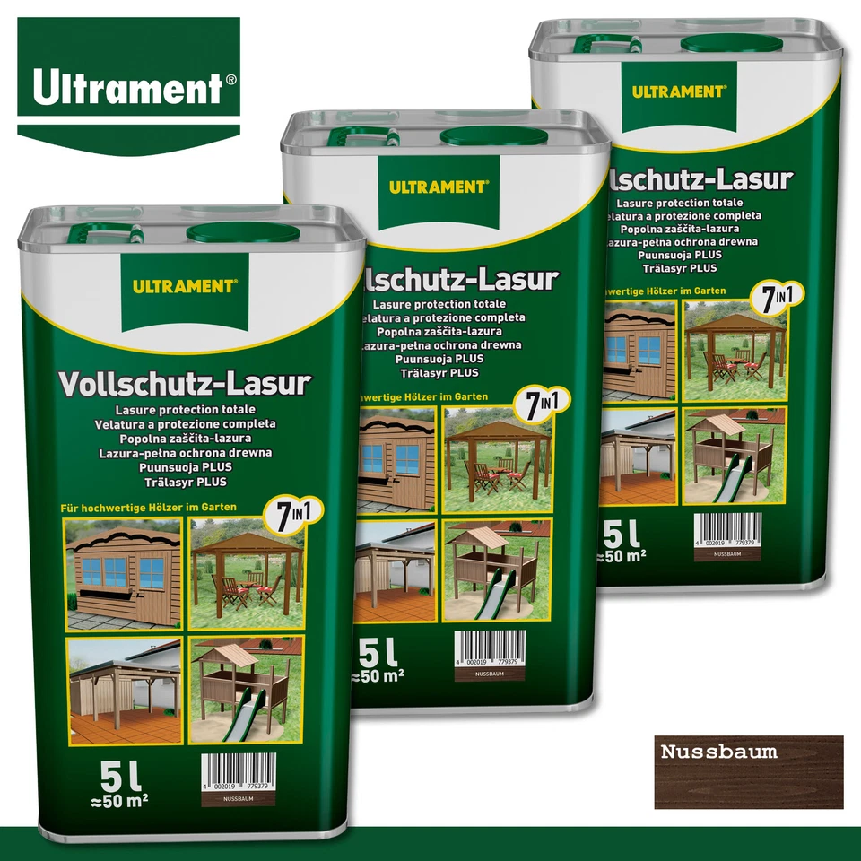 Ultrament 3 x 5 l smalto protettivo completo 7 in 1 protezione legno smalto per legno per esterno noce