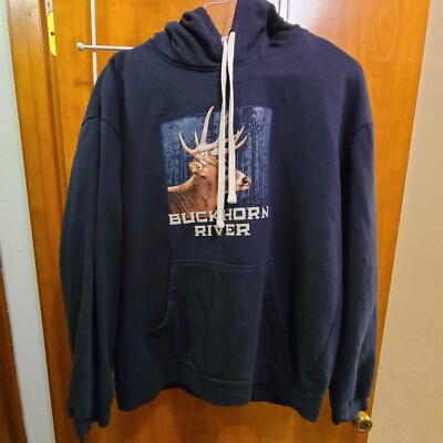 Buckhorn River Men's XL Long Sleeve Blue Hoodie Sweatshirt Deer