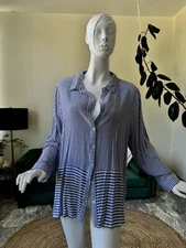 CJ Banks-1X-blue And White Striped V-neck Button Down Shirt