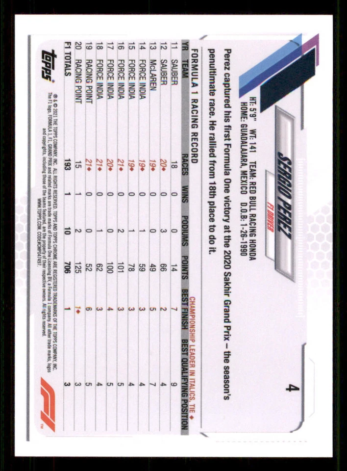 2021 Topps Chrome Formula 1 #4 Sergio Perez - Image 2 of 2