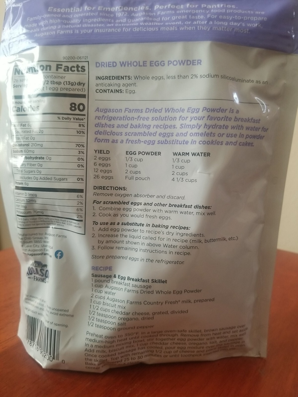 Augason Farms Dried Whole Egg Eggs Powder 10yr Shelf Life Resealable