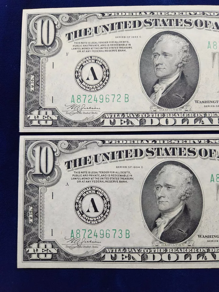 🌟(2) FR#2008-A $10 1934-C Federal Reserve Note BOSTON UNC SEQUENTIAL SERIAL# - Image 2 of 4