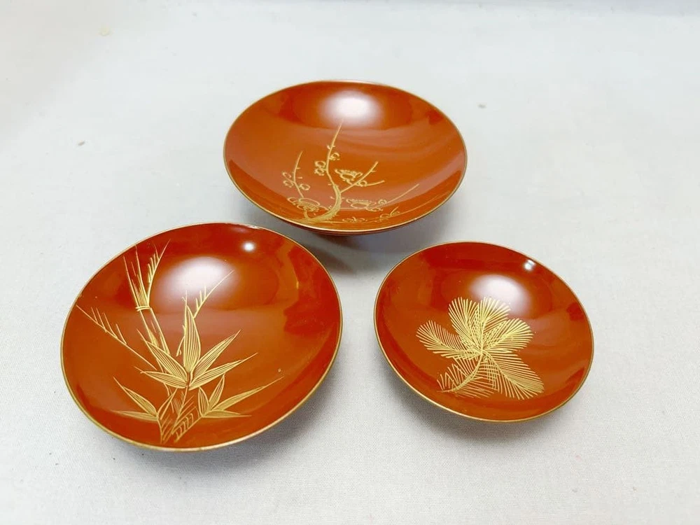 Jubako Bento Box Japanese Almost unused utensils Wooden vermilion lacquer Set of