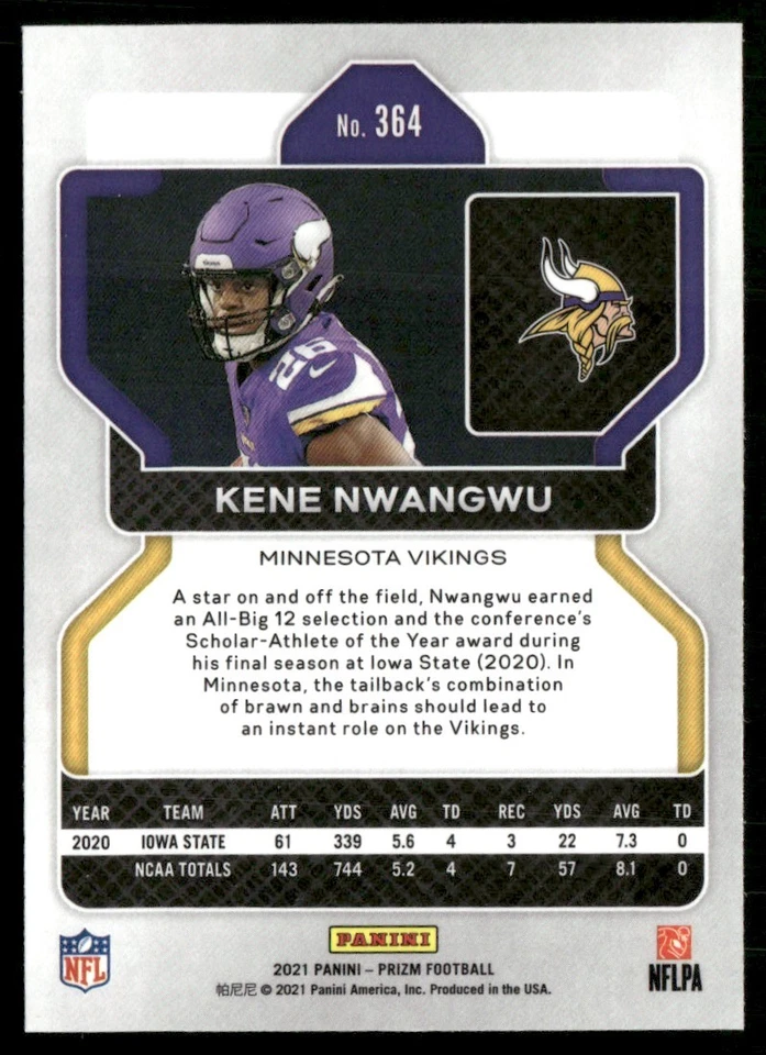 2021 PANINI PRIZM ROOKIE AUTOGRAPHS NO HUDDLE KENE NWANGWU AUTO MINNESOTA - Image 2 of 2