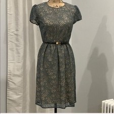 Ann Taylor Loft grey embroidered dress size 2 crew neck short sleeve