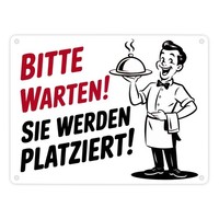 FröHlicher Cartoon-Kellner - Bitte Warten Metallschild In 15X20 Cm